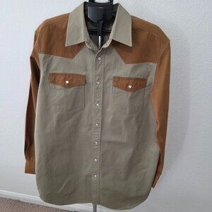 CARHARTT MEN XL TALL KHAKI AND BROWN RELAX FIT HEAVY DUTY LONG SLEEVE WORK SHIRT